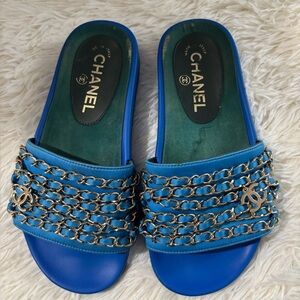 Authentic CHANEL Blue Leather Chain-Trim Slide Sandals